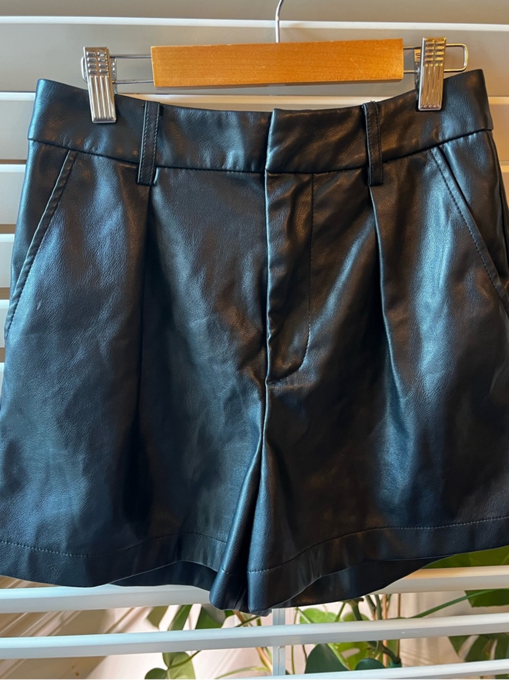 7 For All Mankind Black Faux Leather Pleated Bermuda Shorts. buttery soft.